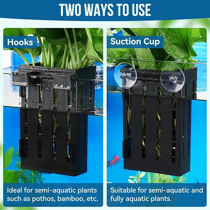 Borlech Upgraded Large Aquarium Plant Holder with Hooks and Suction Cups for Fish Tank Aquaponic Plant Cultivation and Aquascape Decorations (Black)