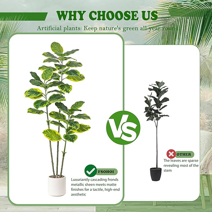 Ficus Tree Artificial Plants Indoor, 5FT Tall Fake Trees in White Pot, Large Potted Silk Floor Plant Artificial Trees, Green Lifelike Faux Ficus Tree for Home Room Office Porch Decor-Yellow