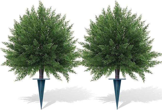 Grooy Artificial CedarTopiary Bushes for Outdoors with Spike, Set of 2 Cypress Topiary Trees with UV Resistant, Outdoors Fake Shrubs Faux Plants for Front Porch Indoor Outdoor Decor