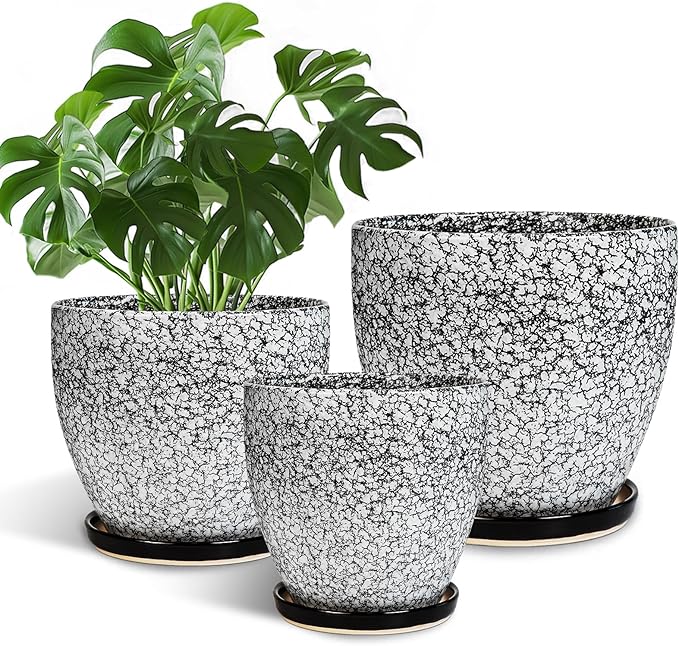 Ceramic Pots for Plants - 10+8+6 Inch Round Flower Pots with Drainage Holes and Saucers, Decorative Planters for Indoor Outdoor, Porch Decor, Housewarming Gifts, Set of 3, White-Black
