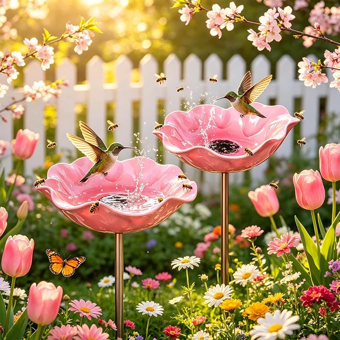 Metal Flower Garden Stakes Bird Bath, Decorative Outdoor Bird Feeder for Garden Yard Art, Handmade Rustproof Metal Flower Stakes for Attracting Birds Backyard Lawn Patio Decorations (Pink-2pcs)