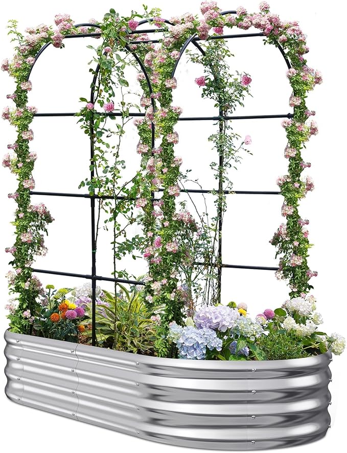 KING BIRD Raised Garden Bed with Arched Trellis Galvanized Planter Garden Box Outdoor for Gardening, Climbing Vegetables, Flowers, Silve, 5.9x2.95x0.98 Ft,