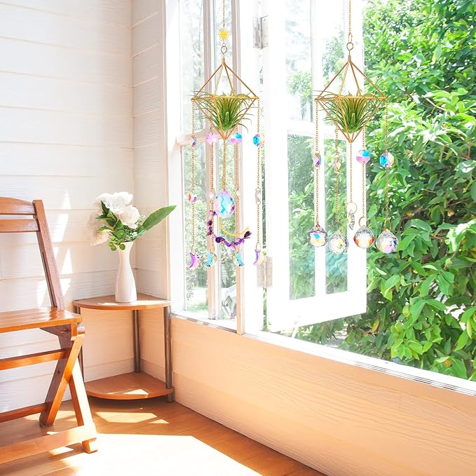 Yookeer 3 Pcs Hanging Air Plant Holder Rustic Style Air Plant Rack Hanger with Crystal Pendant and Chain Golden Geometric Metal Wall Window Display for Home Festival Wedding Decor, 3 Styles