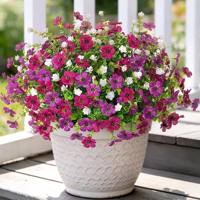 Ammyoo Artificial Flowers for Outdoors Spring Decoration, 12 Bundles Fake Flower Daisy with Realistic Eucalyptus Leaves, Faux Plants for Greenery Boxwood Porch Patio Garden Pot Lawn