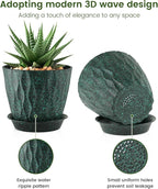 Meowell 5 inch Plant Pots for Indoor Outdoor Plants, 6 Pack Thick Nursery Pots with Drainage Holes and Saucers, 3D Modern Wave Texture Small Plastic Planter Flower Pots, Black with Green Speckles
