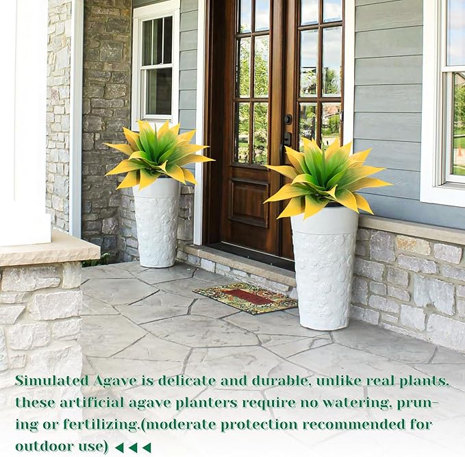2 Pack 16 Inch Artificial Agave Plant - Large Faux Succulent Steams for Indoor Outdoor Decorating, UV Resistant Realistic Tropical Greenery for Garden Front Porch Aesthetic Decor - 18 Leaves, Yellow