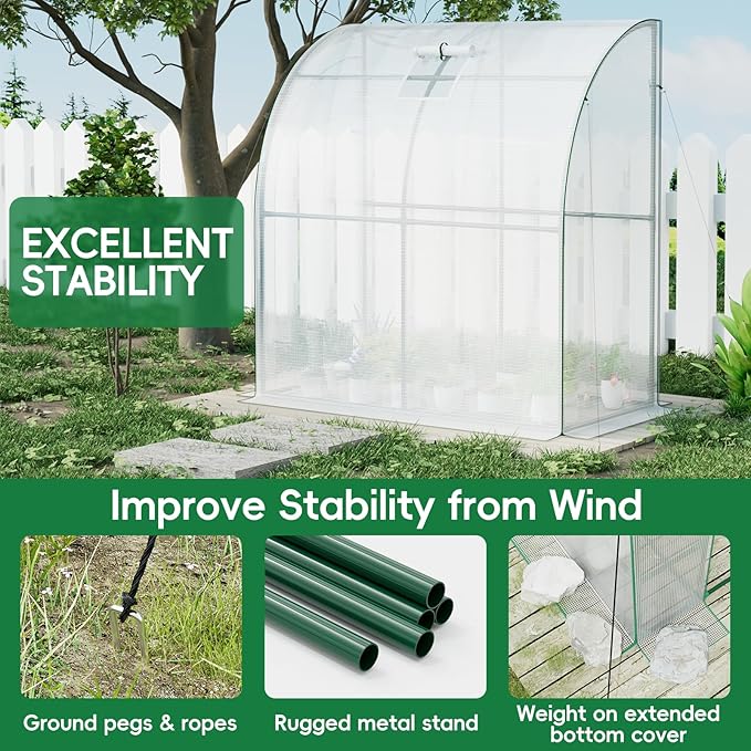 SPECILITE 79” x 40” x 83” Lean to Greenhouse for Outdoors, Portable Walk-in Plant Green House with 1 Roll-up Zipper Door and Mesh Window, Reinforced Steel Frame with PE Cover, Anchor and Ropes, White
