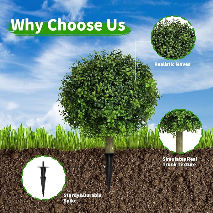 23 inches Set of 2 Artificial Topiary Trees for Outdoor, UV Resistant Faux Boxwood Ball Plants, Fake Outdoor Plants & Boxwood Topiary for Indoor, Porch, Patio, Lawn Front Door Decor