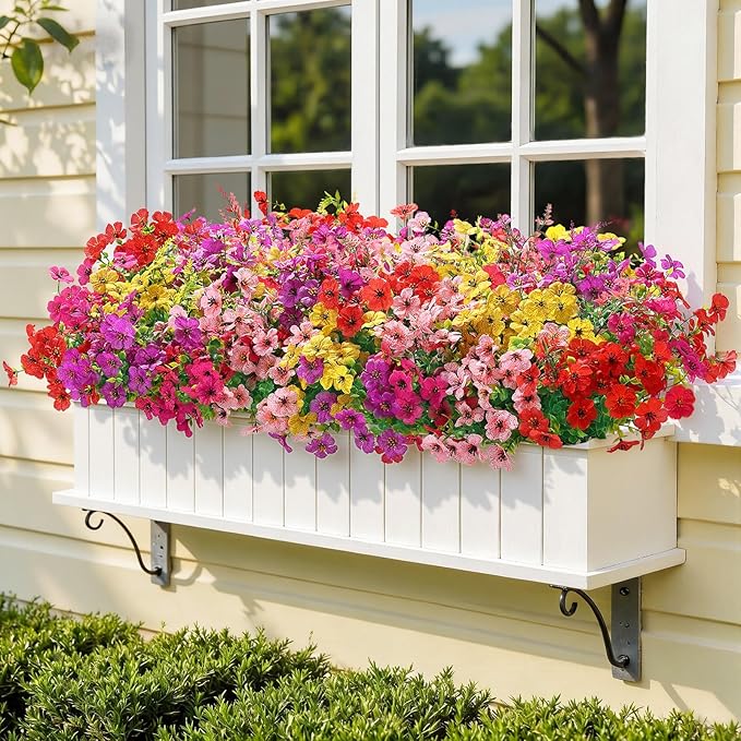 SHareconn 36 Bundles Artificial Flowers for Outdoors Decoration, Faux Plants Fake Silk Colorful Daisy Eucalyptus Lavender, UV Resistant for Outside Home Porch Patio Indoor Spring Decor, Mix 5 Colors