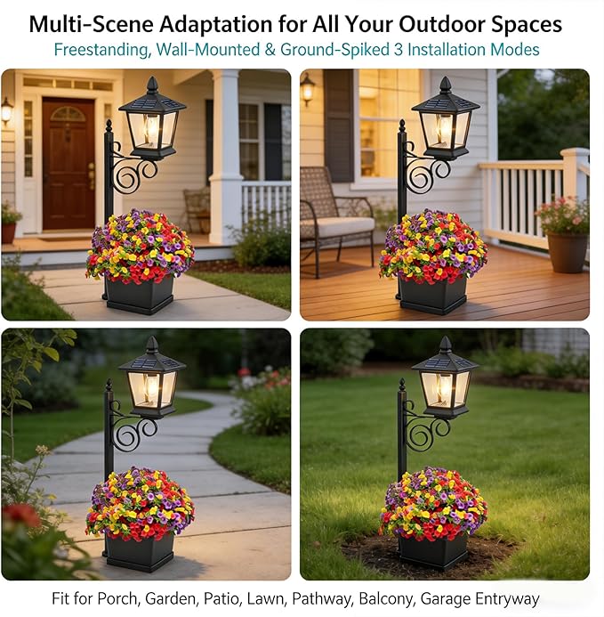 2-in-1 Solar Lamp Post Light with Planter, IP65 Waterproof Auto On Off with Artificial Flowers, Wall Mount Freestanding for Porch Planters with Flowers, Garden Patio Yard