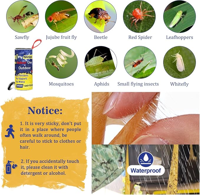 40 Pack Fly Traps Strips Indoor Outdoor, Flies Paper Sticky Hanging with Pins, Fruit Fly Tape Ribbon Roll for Home, Bug & Gnat Catchers for Inside, House Fly Killer for Winged Insect, Mosquito