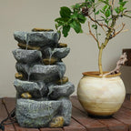 Solar Water Fountain Outdoor Garden, 19.3 Inch Cascading Stone Design 5 Tier Rock Feature Outdoor Fountains Waterfalls with Light, Pump Solar Panel for Patio, Deck, Porch, Backyard Home Décor