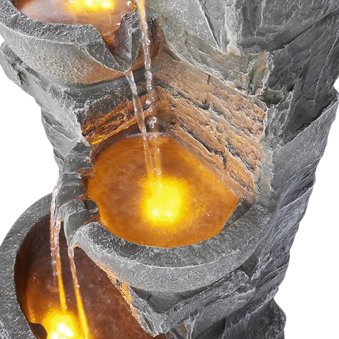 Teamson Home 33" Outdoor Water Fountain with LED Lights, 3-Tier Cascading Bowls, Weather-Resistant Resin Garden Water Feature for Patio, Lawn, and Backyard Decor – Stone Gray