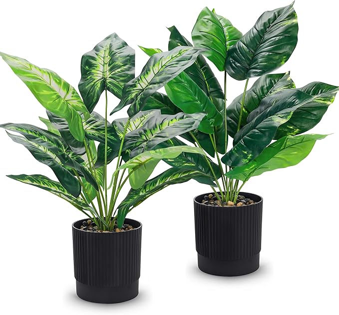Der Rose 2 Pack Fake Plants Artificial Tropical Plants Indoor in Black Pot for Home Office Desk Accessories Bathroom Sage Green Decor