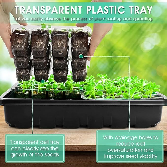Seed Starter Tray with Grow Light, 192-Cell Seed Starter Kit, Seedling Starter Trays with Humidity Domes, Automatic Timer, Adjustable Light Indoor Gardening Plant Germination Trays