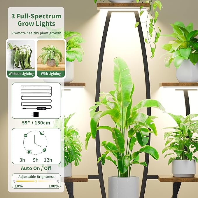 JUSTOGO Plant Stand Indoor with Grow Lights - 7 Tiered Large Plant Shelf Indoor, 47" Corner Plant Stands for Indoor Plants Multiple, Metal Plant Rack Flower Holder Display for Living Room, Home Decor