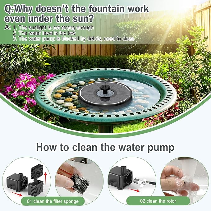 Yzert Solar Fountain for Bird Bath Direct Sunlight High Efficiency 3.5W Glass Panel Solar Water Fountain Outdoor Garden Flower (Black)