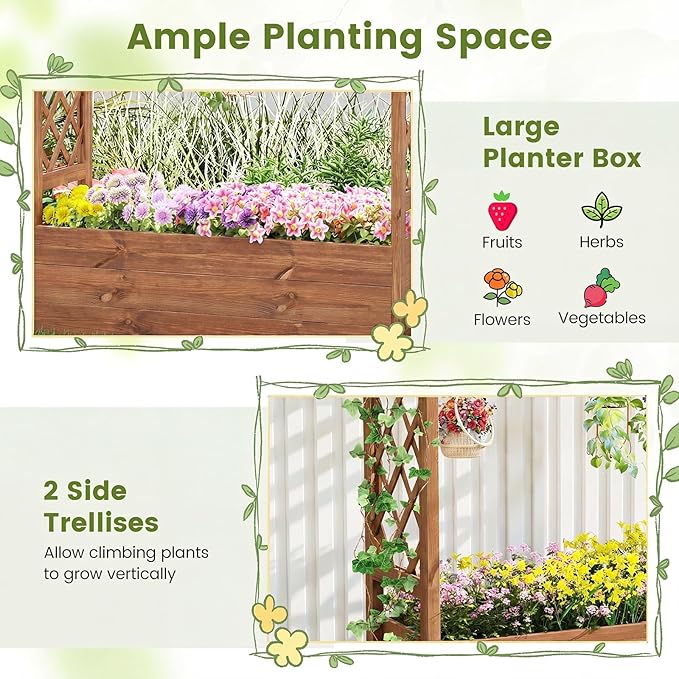 Giantex Raised Garden Bed with Sided Trellis & Roof, 45”x16”x41” Wood Elevated Planter Box, Freestanding Garden Planter Raised Bed for Flowers Herbs Climbing Vines,Brown,1