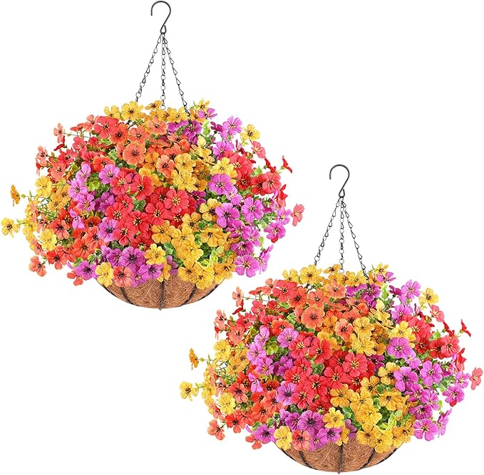 2 Set Artificial Flowers Hanging Plants in Basket,Artificial Hanging Flowers for Outdoor Indoor Decor,UV Resistant hanging Baskets with Fake Flowers for Spring Summer Patio Garden Porch Deck Decor