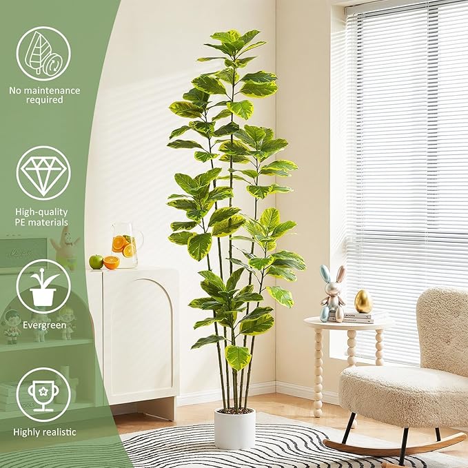 Ficus Tree Artificial Plants Indoor, 7FT Tall Fake Trees in White Pot, Large Potted Silk Floor Plant Artificial Trees, Green Lifelike Faux Ficus Tree for Home Room Office Porch Decor-Yellow
