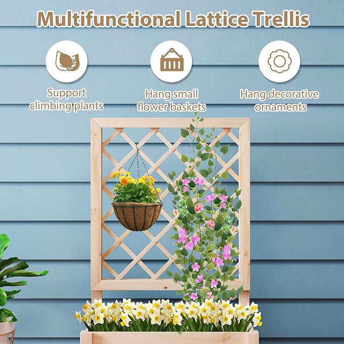 Giantex Set of 2 Raised Garden Bed with Trellis, Drainage Hole, Wood Elevated Planter Box for Climbing Vine Flower Herb Vegetable Fruit, for Indoor Outdoor Patio Balcony (23”x14”x40”)