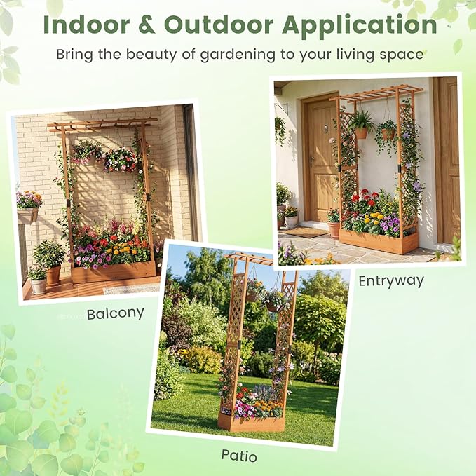 BECOMFORT Raised Garden Bed with Trellis & Hanging Roof, 89" Tall Fir Wood Planter Box with Drainage Holes, Outdoor Elevated Garden Planter for Climbing Vines, Perfect for Patio, Lawn & Backyard