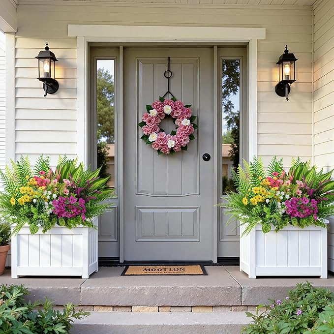 Alupssuc 24 Pcs Artificial Flowers and Plants,UV Resistant & No Fade Fake Plastic Greenery Shrubs for Home Garden, Pathway, Front Porch-Spring Summer Decor, Indoor/Outdoor Use,Rosy Purple Yellow Pink