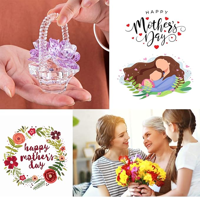 H&D HYALINE & DORA Crystal Flower Basket Figurine Collectable Ornaments Home Decor Tabletop Centerpiece Gift for Lady,Purple Color