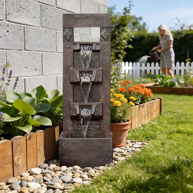 Bumilgar 40.9" H 4-Tier Indoor/Outdoor Modern Water Fountain with Led Lights and Pump, Outdoor Freestanding Cascading Waterfall - Suitable for Garden, Patio, Porch, Yard and Outdoor Decor (Brown)