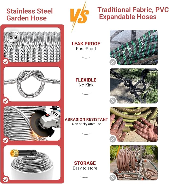 Lefree 50ft Metal Garden Hose - Heavy Duty 304 Stainless Steel Flexible Water Hose, No Kinks & Leak-Proof with Upgraded Handle, 10-Function Spray Nozzle for Balcony, Patio, Small Yard, Car Wash