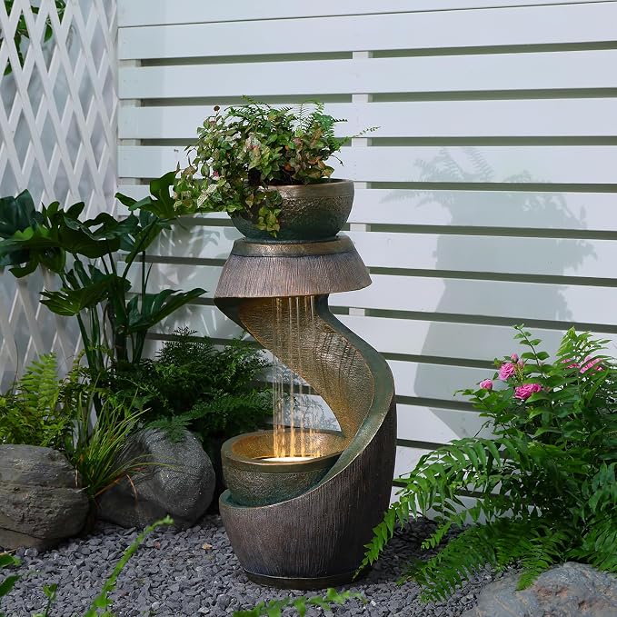 31.9" Outdoor Water Fountain with Lights – S-Shaped Water Feature Outdoor Modern Resin Waterfall Feature with Bowl Planter, Decorative Garden Fountain for Patio Balcony Porch Yard, Gold