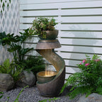 31.9" Outdoor Water Fountain with Lights – S-Shaped Water Feature Outdoor Modern Resin Waterfall Feature with Bowl Planter, Decorative Garden Fountain for Patio Balcony Porch Yard, Gold