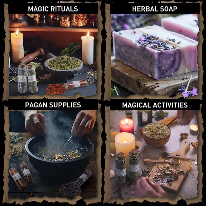 Witchcraft Supplies Herbs - 45 Bottles Dried Herbs Kit for Beginners - Altar Supplies Healing Herbal Natural Herbs Crystal Spoon for Wicca, Pagan Magic Spells and Bath