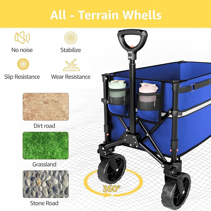ROSONG Collapsible Wagon Cart with Wheels Foldable - Folding Utility Heavy Duty Wagons Carts for Grocery Sports Garden Shopping Camping Wheelbarrows (Blue, 120L)