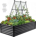 YITAHOME 8x4x2ft Galvanized Raised Garden Bed with Cucumber Trellis, Metal Planter Box with A-Frame Metal Trellis, Vertical Netting, Gloves, Outdoor Flower Bed for Vegetable Bean Grape Flowers, Black