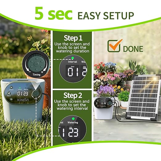 Solar Drip Irrigation System, 8W Powered Auto Watering Kit for 30 Pots, HD LED Display with 22 Timing Modes, Anti-Siphoning & IPX5 Waterproof, Suitable for Outdoor Garden, Balcony & Greenhouse