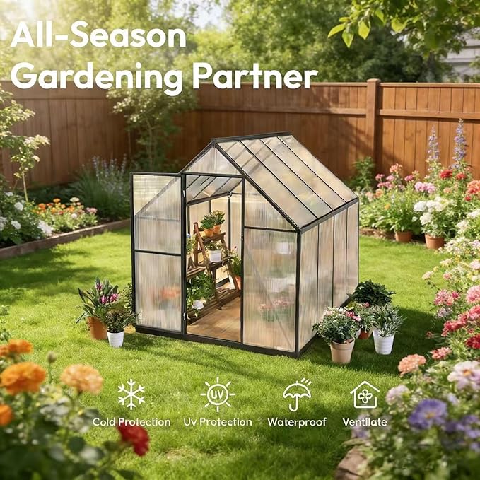 6x8 FT Greenhouse for Outdoors, Walk-in Greenhouse with Quick Setup Structure and Roof Vent, Aluminum Large Green House for Outside, Garden Backyard, Dark Gray