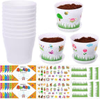 Domensi 12 Pack Garden Pot Craft Kit 4 Inch DIY Spring Crafts for Kids Bulk Plastic Flower Plant Pot Plastic Planter with Tray Drainage Holes with Tag, Certificate of Award, Sticker (White)