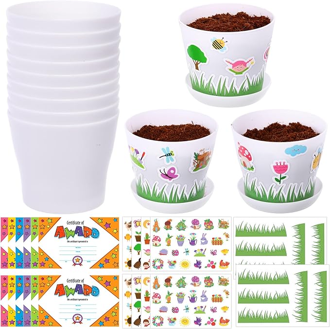 Domensi 12 Pack Garden Pot Craft Kit 4 Inch DIY Spring Crafts for Kids Bulk Plastic Flower Plant Pot Plastic Planter with Tray Drainage Holes with Tag, Certificate of Award, Sticker (White)