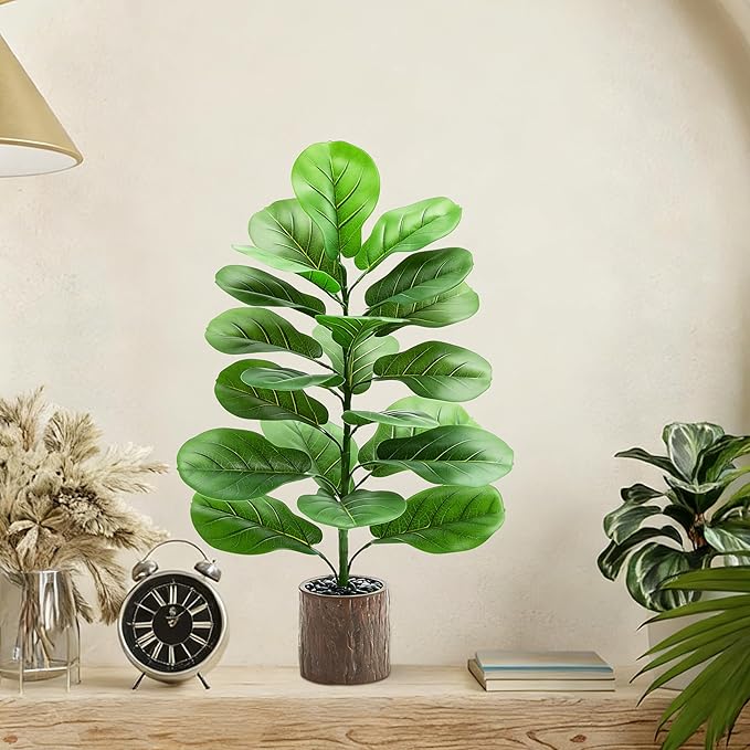 2 Pack Artificial Fiddle Leaf Fig Tree 30in, Faux Fig Trees Floor Plant in Pot Fake Ficus Lyrata Plant, Table Top Plant with Fiddle Leaves for Indoor Outdoor Home, Office, Living Room, Bathroom Decor