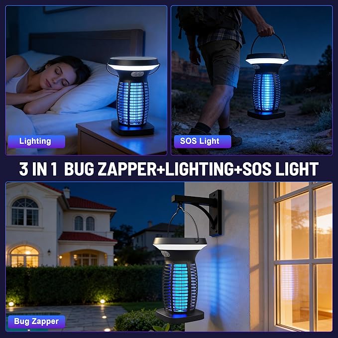 Solar Bug Zapper Outdoor, Rechargeable & Solar Powered, 4200V High Voltage for Effective Mosquito & Multi-Insect, Pet/Child Safe with UV Light, Waterproof for Camping Courtyard Indoor Outdoor