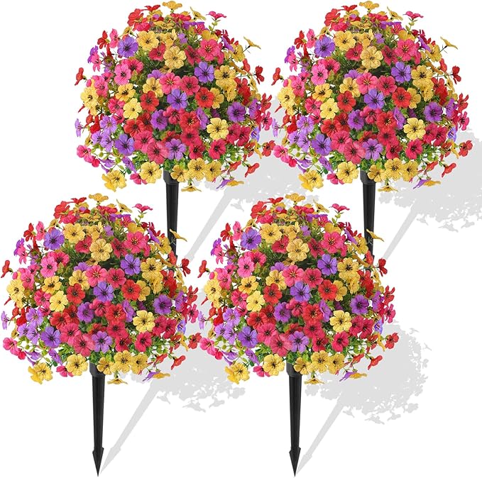 Alupssuc 4Pcs 20" Artificial Topiary Ball Flowers, Spring Outdoor Decoration with Spike, UV Resistant Faux Summer Plants, Fake Bushes Plants, Red Rose, Purple & Yellow for Garden, Porch & Patio Decor