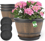 8-inch-Plant-Pots-Indoor-Outdoor, 4 Pack Whiskey Barrel Planters with Drainage Holes & Saucer, Plastic Flower Pots Imitation Wine Barrel Design, Decorative Garden Pots for Plants