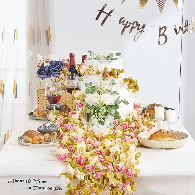 8 Pcs x 8.2 ft Flower Garland Artificial Rose Vine Flowers with Green Leaves Hanging Fake Roses Vine for Room Party Home Wedding Birthday Christmas Wall Arch Decor, Champagne Pink Flower