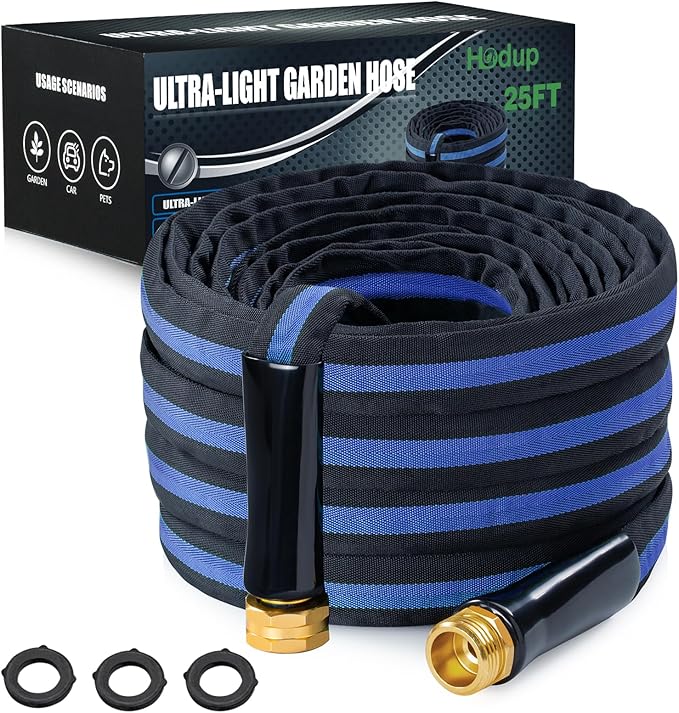 Ultra Lightweight 25FT Garden Hose - Heavy-Duty Kink-Free Flexible Hose, Non-Expanding Design with Aluminum Brass Fittings, Crush-Proof for Yard/Lawn/Outdoor Use(black-blue, 25 FT)