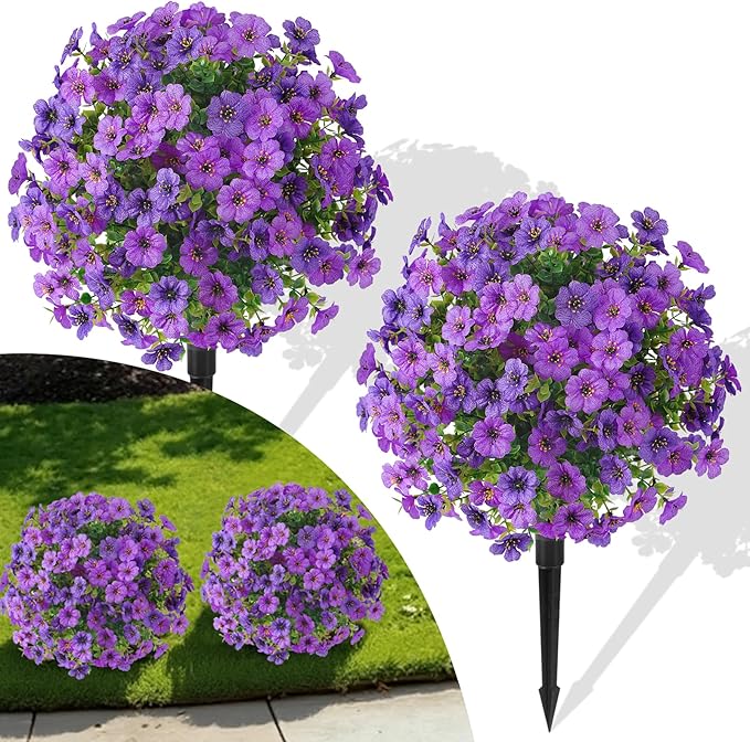 Alupssuc 2Pcs 20" Artificial Topiary Ball Flowers for Outdoors, Spring Decoration with Spike, UV Resistant Faux Summer Plants, Fake Bushes Indoor Decor, Purple Deep Purple for Garden, Porch & Patio