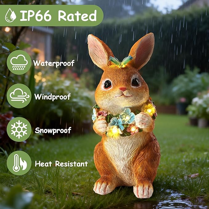 Solar Garden Statues Outdoor Bunny Decorations with Butterfly & Flowers Gifts for Mom, Grandma Spring Decor with 6 LED Night Accent Lights for Patio, Yard & Lawn, Mother Day Christmas Day Figurine