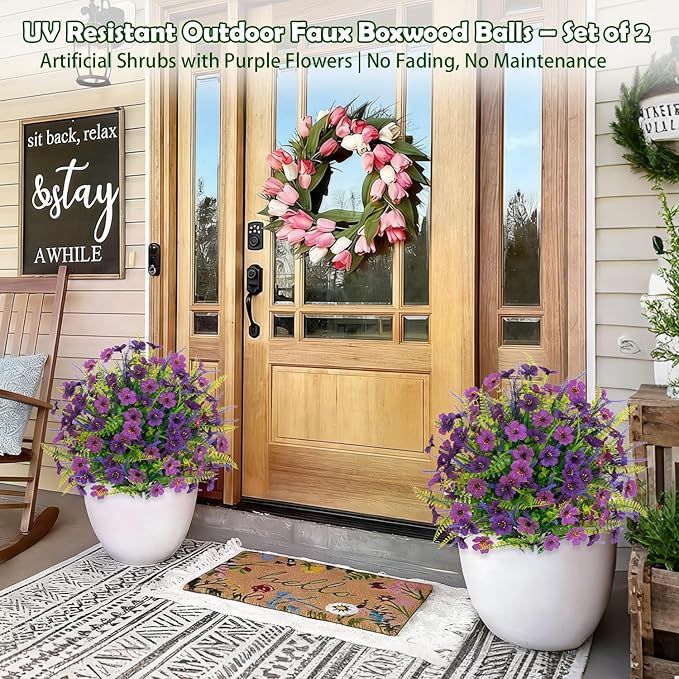 Artificial Lavender Topiary Ball Trees 2 Pack 24" with Stakes, UV Resistant Fake Outdoor Plants, Faux Boxwood Shrubs Bushes for Front Porch Planters Patio Garden Spring Decor
