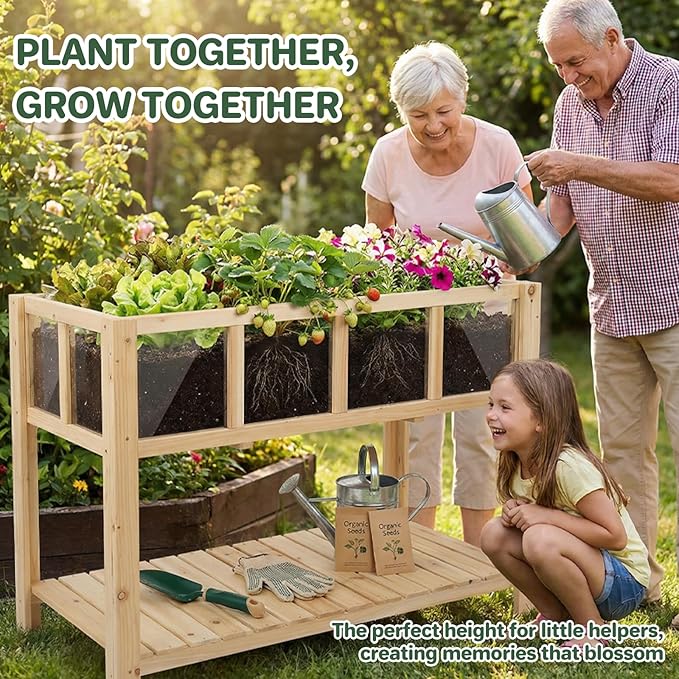 Raised Garden Bed Outdoor with Shelf, 43.7''x23.2''x30.7''Wood Planter Box with Transparent Window, Drainage Holes, Liner, Garden Beds Flower Stand for Balcony Kitchen, Gift for Gardening