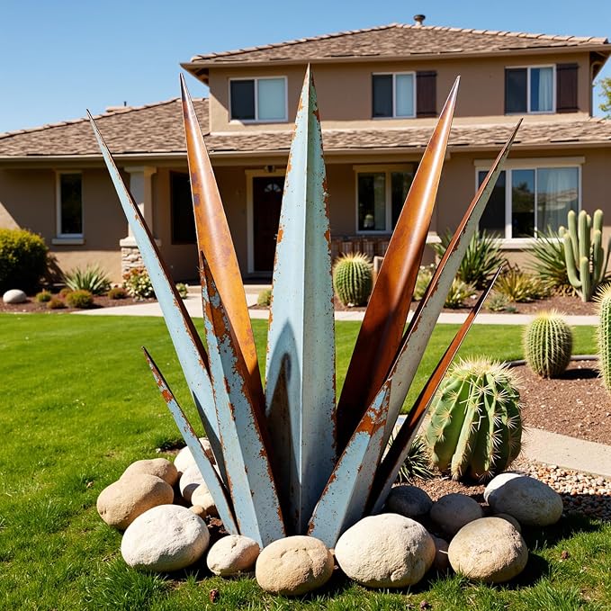 24” Large Metal Agave Plants Outdoor Decor, Vintage Blue Tequila Rustic Sculpture Outdoor Statues, Agave Metal Plants for Yard Garden Lawn Ornaments，Artisan Metal Agave Landscape Decor